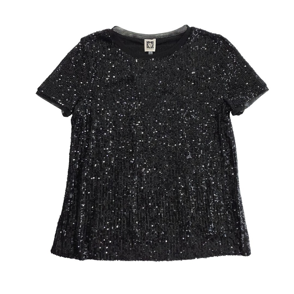 Ann Klein Sequined Top Womens S Black Short Sleeve NEW NWT Eveningwear Datenight